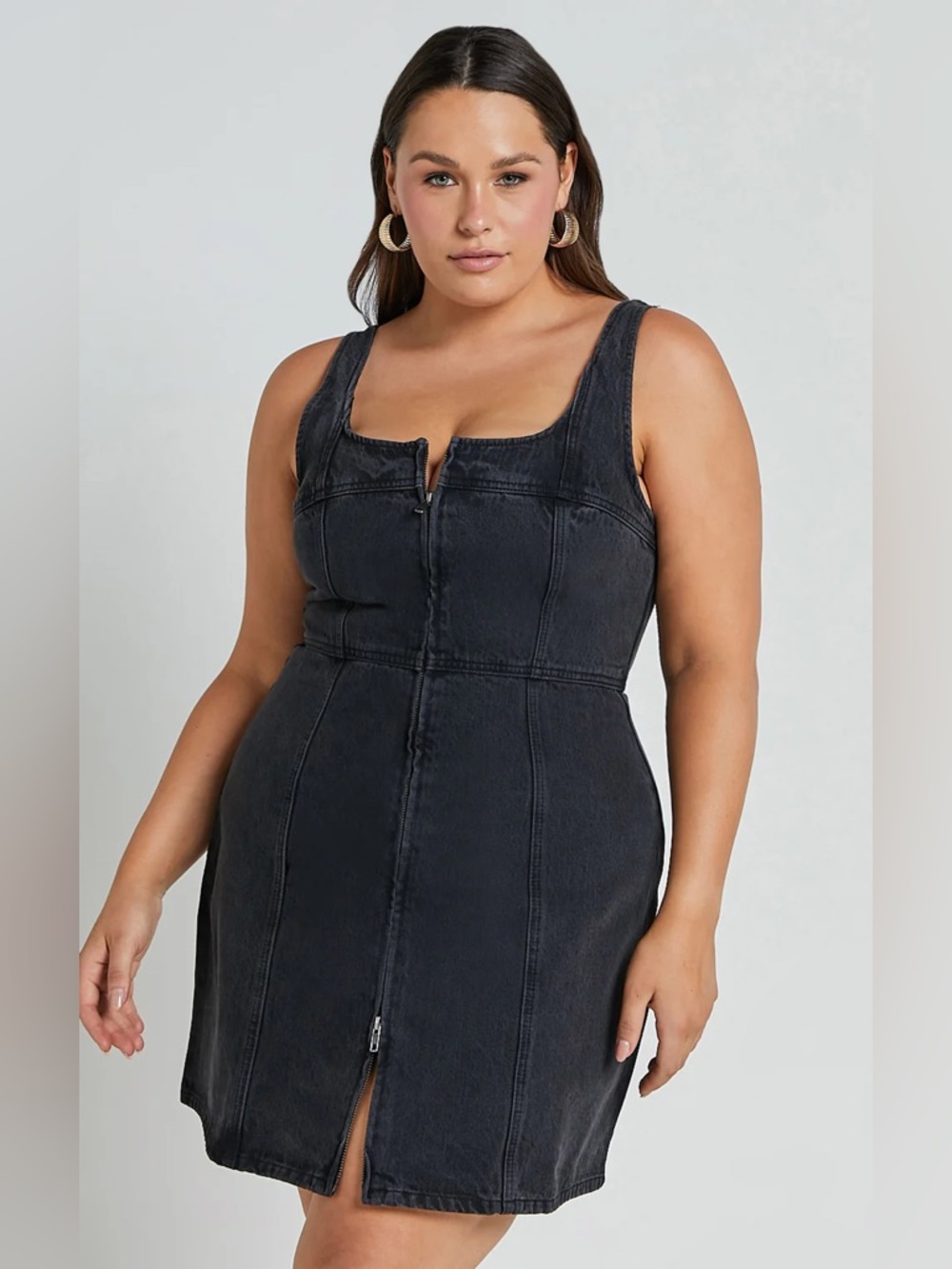 Showpo Chrysoula Mini Washed Black Denim Zip-Front Bodycon Dress size 16 NWT